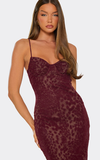 burgundy leopard dress LTS Tall Burgundy Red Mesh Leopard Print Tiered Dress