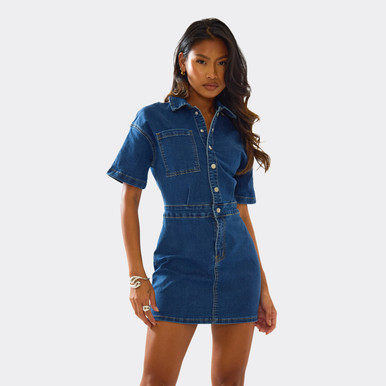 Short Sleeve Collared Button Down Front Detail Mini Dress In Mid Blue Denim  | EGO US | EGO