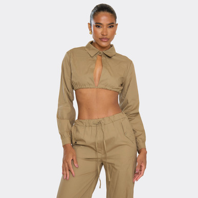 Long Sleeve Open Back Detail Cropped Shirt In Taupe | EGO US | EGO