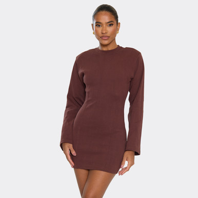 Long Sleeve Shoulder Pad Cinched Waist Detail Mini Dress In Chocolate Brown, Women's Size US 4 - EGO Long Sleeve Shoulder Pad Cinched Waist Detail Mini Dress In Chocolate Brown, Women's Size US 4 - EGO