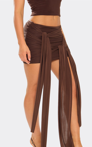 Low Rise Knot Drape Detail Mini Skirt In Chocolate Brown | EGO US