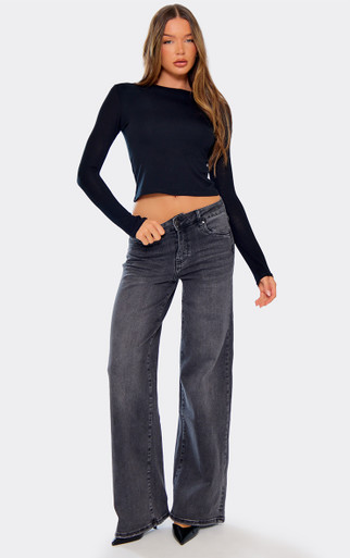 Low Rise Wide Leg Jeans In Washed Grey Denim | EGO US | EGO