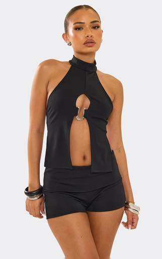 High Neck Trim Detail Split Front Top And Shorts Co-Ord Set In