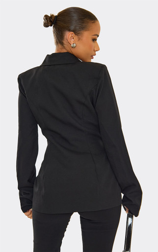 Long Sleeve Cinched Waist Shaped Hip Detail Blazer In Black | EGO