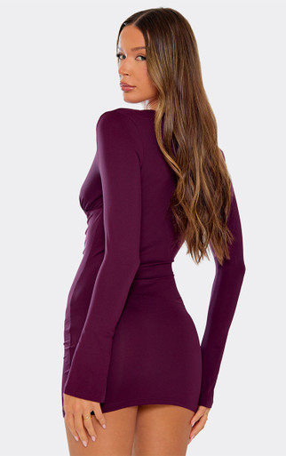 a-line plunge neck long sleeve mini dress in plum Harriet Long Sleeve Mini Dress