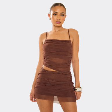chocolate mesh high neck cut out mini dress High Neck Mesh Overley Cut Out Ruched Detail Mini Dress In Chocolate Brown | EGO US