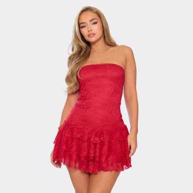 strapless boat neck ruffle hem bodycon party mini dresses-red Bandeau Frill Hem Mini Dress In Red Lace | EGO US
