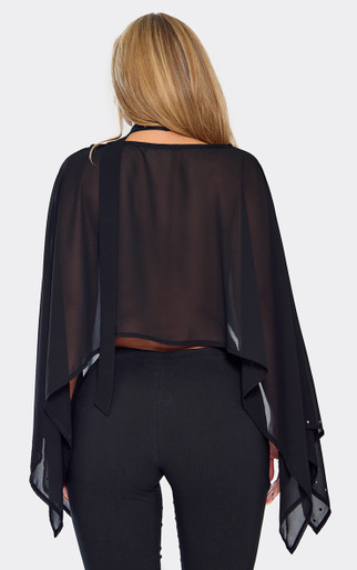 Scarf High Neck Rhinestone Hem Detail Cape Top In Black Mesh | EGO