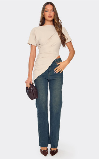 Short Sleeve Asymmetric Side Drape Detail Top In Stone | EGO US | EGO
