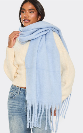 Oversized Fringe Hem Detail Scarf In Blue | EGO US | EGO