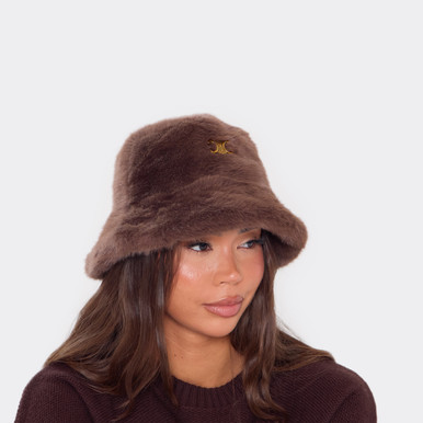 Gold Logo Detail Bucket Hat In Brown Faux Fur | EGO US | EGO display picture 1