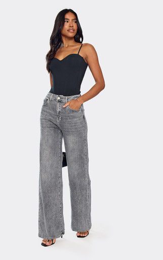 Mid Rise Diamante Detail Wide Leg Jeans In Grey Denim | EGO US | EGO