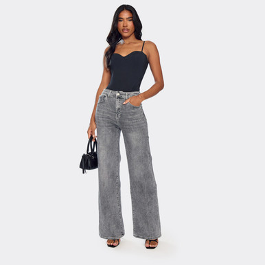 Mid Rise Diamante Detail Wide Leg Jeans In Grey Denim | EGO US | EGO