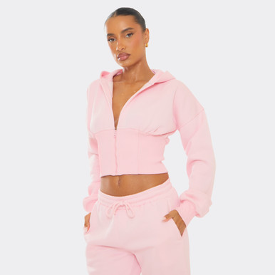 Long Sleeve Cropped Cinch Waist Zip Up Hoodie In Pink | EGO US | EGO