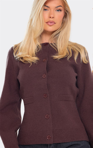 Cinched Waist Button Down Cardigan In Chocolate Brown Wool Knit