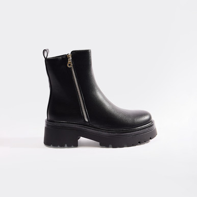Benji Chunky Sole Side Zip Ankle Boot In Black Faux Leather | EGO