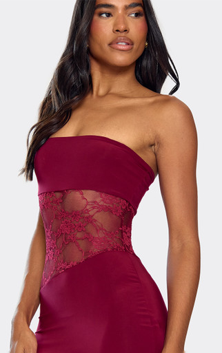 Bandeau Contrast Lace Cut Out Detail Maxi Dress In Burgundy | EGO US | EGO