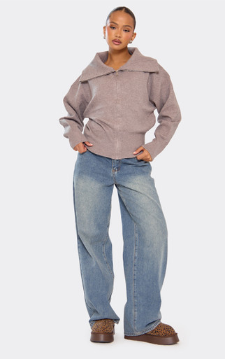 Long Sleeve Zip Down Fold Over Top In Taupe Compact Knit | EGO US