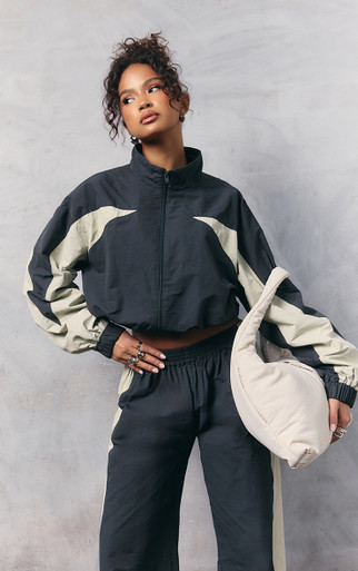 Long Sleeve Contrast Panel Toggle Hem Zip Up Jacket In Navy Shell