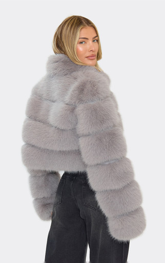 Collared Cropped Puffer Coat In Grey Faux Fur | EGO US | EGO