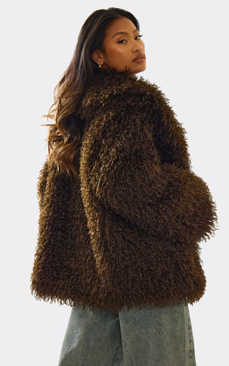 Oversized Collar Shaggy Coat In Chocolate Brown Faux Fur | EGO US
