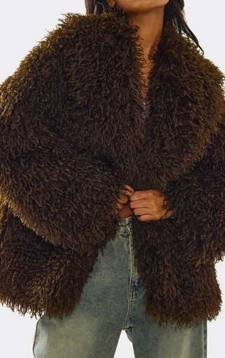 Oversized Collar Shaggy Coat In Chocolate Brown Faux Fur | EGO US