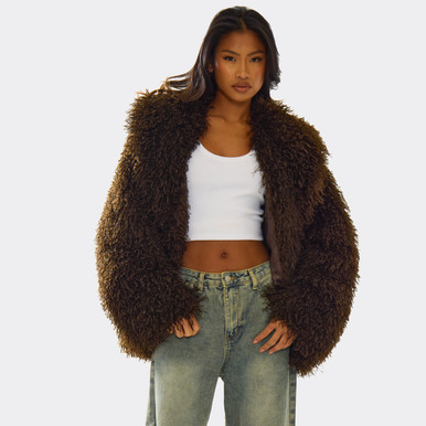 Oversized Collar Shaggy Coat In Chocolate Brown Faux Fur | EGO US