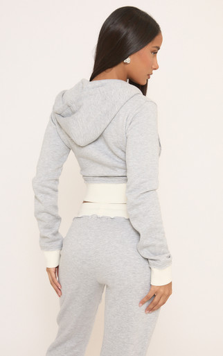 Contrast Distressed Detail Cropped Zip Up Hoodie In Light Grey