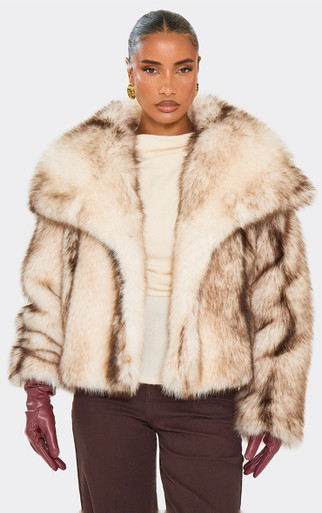 Oversized Collar Detail Cropped Jacket In Cream And Brown Stripe