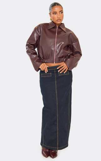 Long Sleeve Collared Detail Zip Down Bomber Jacket In Burgundy