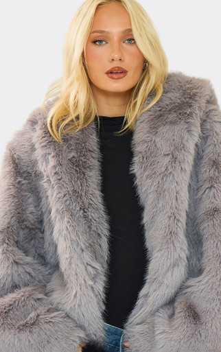 Hooded Oversized Coat In Grey Faux Fur | EGO US | EGO