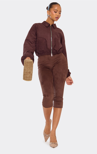 CLANE VELOUR CAPRI PANTS サイズ1 ブラウン 正規品 Mid Rise Capri Trousers In Brown Faux Suede | EGO US | EGO