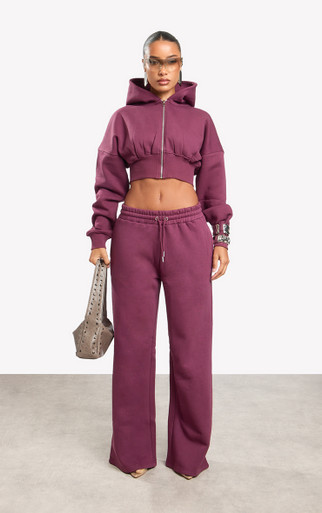 Zip Through Detail Cropped Hoodie In Dark Plum | EGO US | EGO