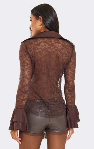 Long Sleeve Ruffle Detail Button Front Shirt In Brown Lace | EGO