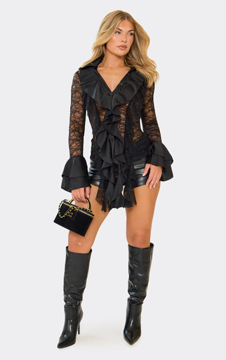 Long Sleeve Ruffle Detail Button Front Shirt In Black Lace | EGO