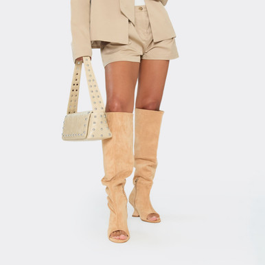 Rev Peep Toe Knee High Wedge Boot In Sand Faux Suede | EGO US | EGO