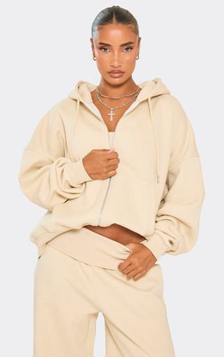 Oversized Long Sleeve Zip Up Hoodie In Stone | EGO UK | EGO