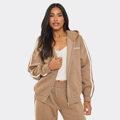 Oversized Contrast Stripe Side Essential Graphic Hoodie In Mocha