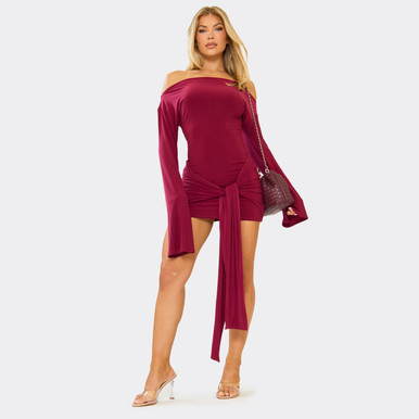 Long Flared Sleeve Drape Detail Mini Dress In Burgundy, Women's Size US 6 - EGO