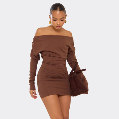 long sleeve bodycon dress outfit Off The Shoulder Ruched Detail Mini In Chocolate Brown | EGO US in stock color filter:Multi Cute Dark Purple Knee Fiber and Fabric:True Colors Gowns Solid Silhouette