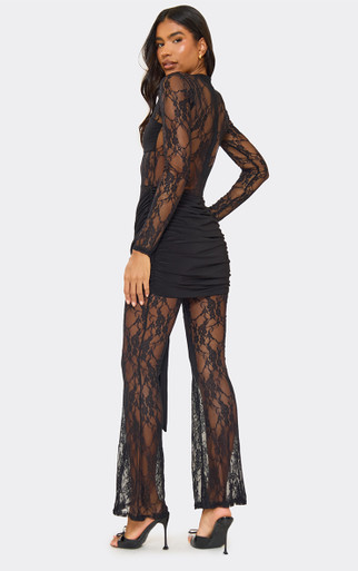 Long Sleeve Contrast Ruched Drape Front Detail Flare Leg Jumpsuit