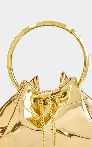 Moon Drawstring Detail Top Handle Grab Bag In Gold Faux Leather