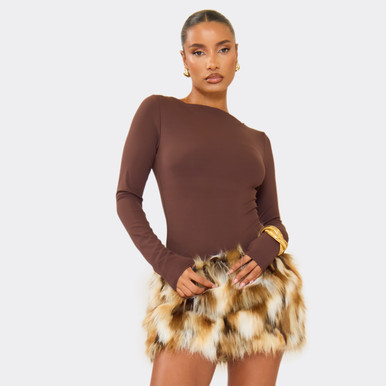 Mid Rise Mini Skirt In Brown Faux Fur | EGO US | EGO