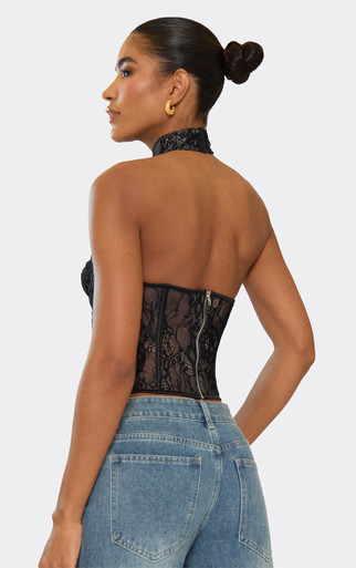 High Neck Underwired Corset Top In Black Lace | EGO US | EGO