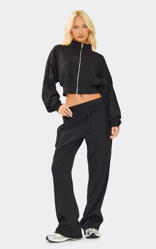 Interlock Cinched Waist Zip Up Cropped Sweatshirt In Black | EGO