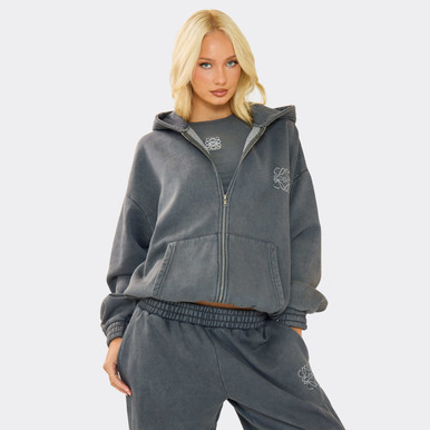 Long Sleeve Embroidered Swirl Logo Detail Oversized Zip Up Hoodie