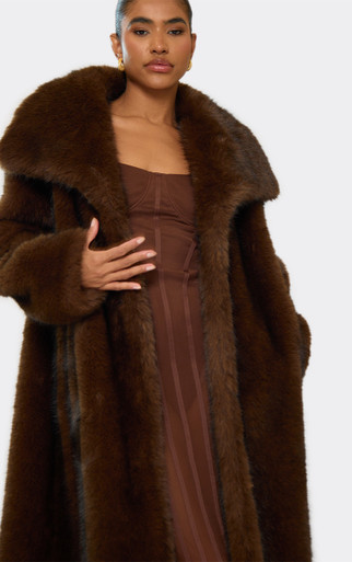 Andequel ☀︎collar fur cocoon coat（Brown） Oversized Collar Detail Maxi Coat In Chocolate Brown Faux Fur