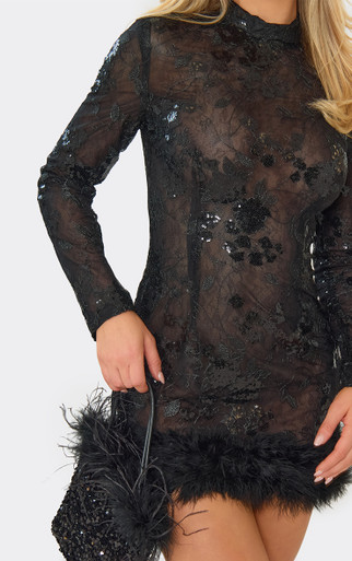 High Neck Long Sleeve Feather Hem Detail Mini Dress in Black Sequin, Women's Size US 4 - Ego