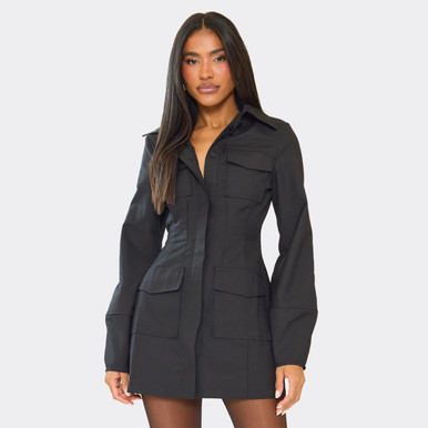 black long sleeve a line pocket mini dress Detail Utility In | EGO US our pleasing pleat designed