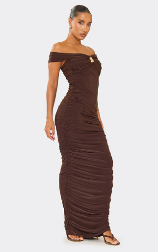 bardot brown maxi dress Jovie | Brown Bardot Wrap Maxi Dress With Sash Detail